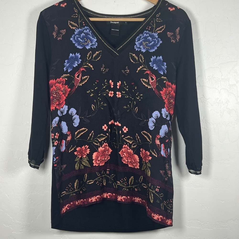 Desigual Black Floral Bird Butterfly V-Neck Top 3/4 Sleeve 18WWTKAG Womens Small